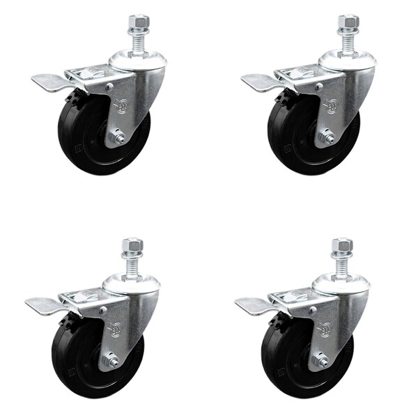 4 Inch SS Soft Rubber Swivel 10mm Threaded Stem Caster Set Total Lock Brake